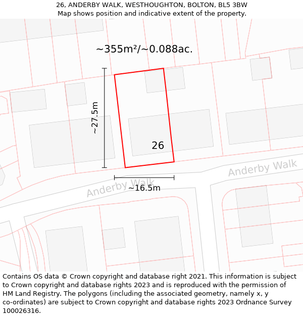 26, ANDERBY WALK, WESTHOUGHTON, BOLTON, BL5 3BW: Plot and title map
