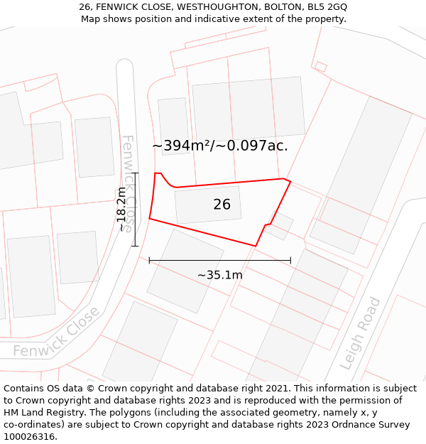 26, FENWICK CLOSE, WESTHOUGHTON, BOLTON, BL5 2GQ: Plot and title map