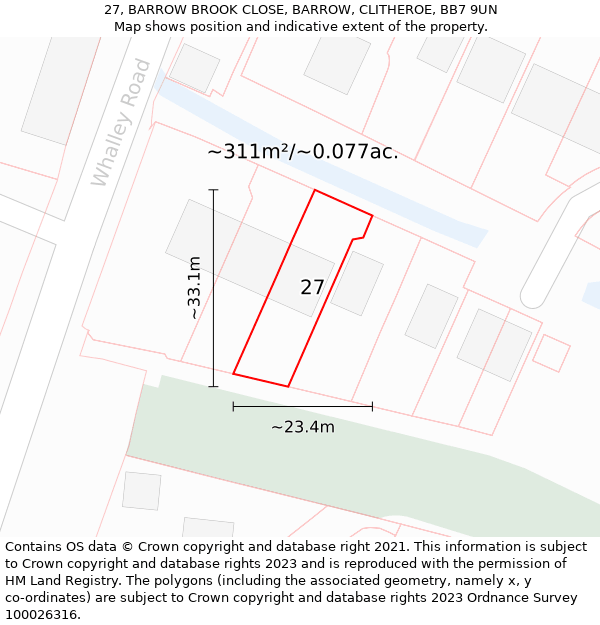 27, BARROW BROOK CLOSE, BARROW, CLITHEROE, BB7 9UN: Plot and title map