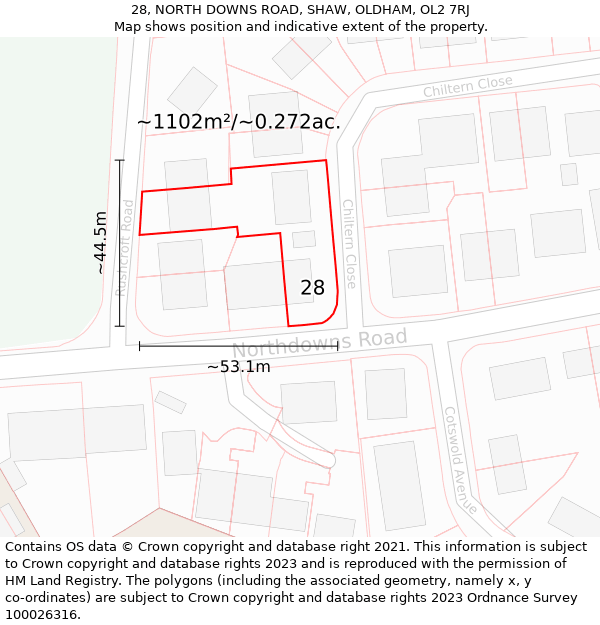28, NORTH DOWNS ROAD, SHAW, OLDHAM, OL2 7RJ: Plot and title map