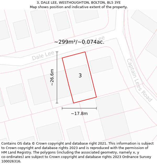 3, DALE LEE, WESTHOUGHTON, BOLTON, BL5 3YE: Plot and title map