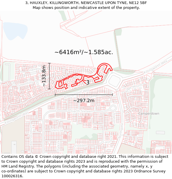 3, HAUXLEY, KILLINGWORTH, NEWCASTLE UPON TYNE, NE12 5BF: Plot and title map