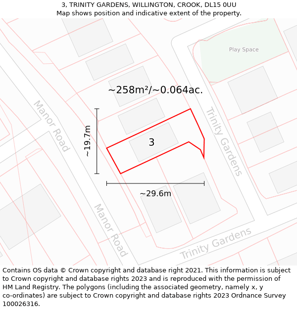 3, TRINITY GARDENS, WILLINGTON, CROOK, DL15 0UU: Plot and title map