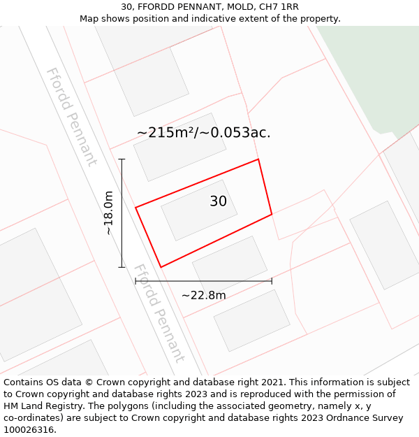 30, FFORDD PENNANT, MOLD, CH7 1RR: Plot and title map