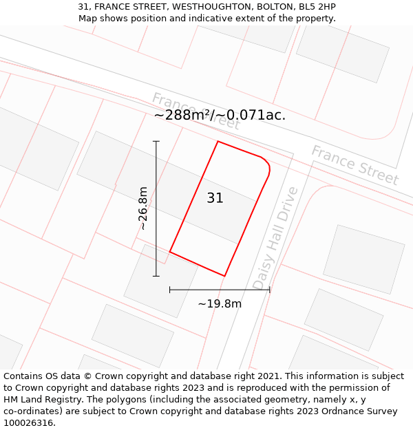 31, FRANCE STREET, WESTHOUGHTON, BOLTON, BL5 2HP: Plot and title map