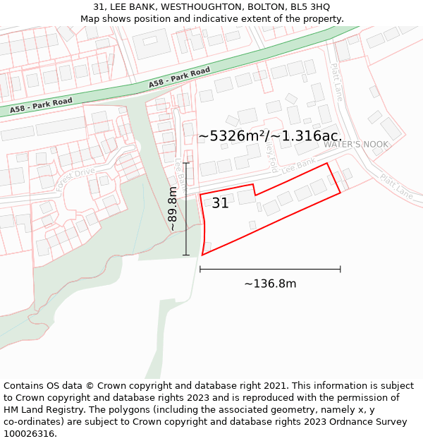 31, LEE BANK, WESTHOUGHTON, BOLTON, BL5 3HQ: Plot and title map