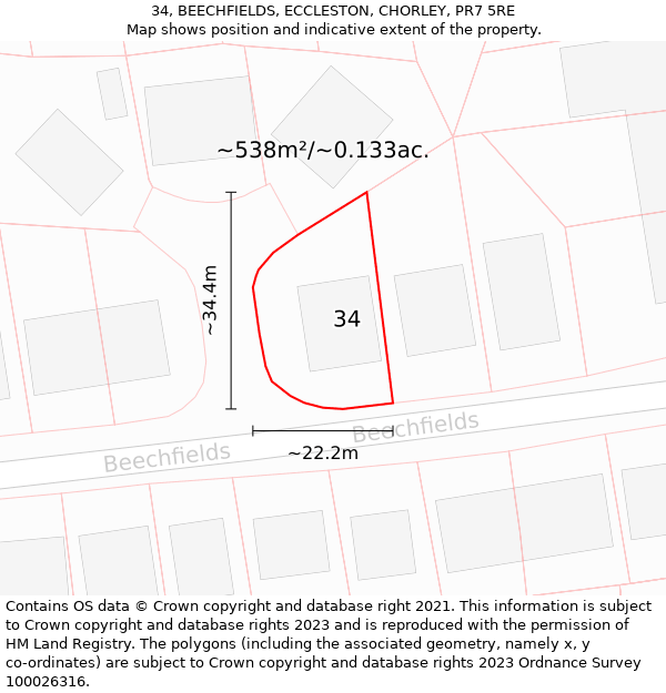 34, BEECHFIELDS, ECCLESTON, CHORLEY, PR7 5RE: Plot and title map