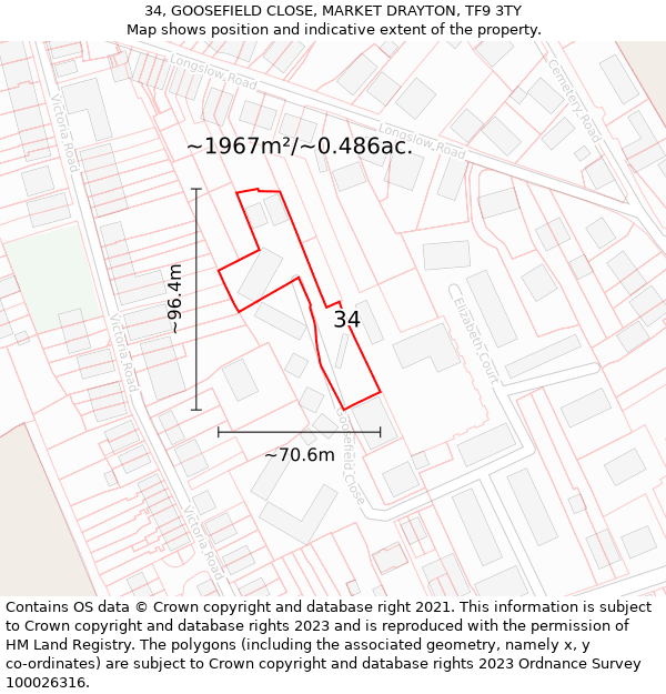 34, GOOSEFIELD CLOSE, MARKET DRAYTON, TF9 3TY: Plot and title map