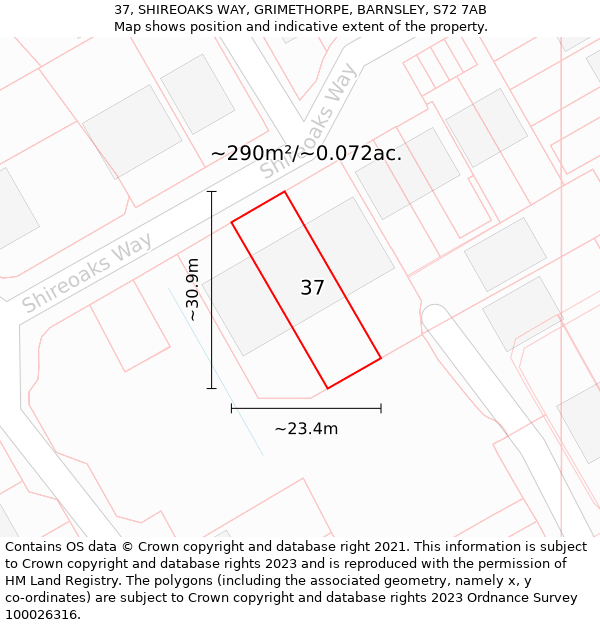 37, SHIREOAKS WAY, GRIMETHORPE, BARNSLEY, S72 7AB: Plot and title map