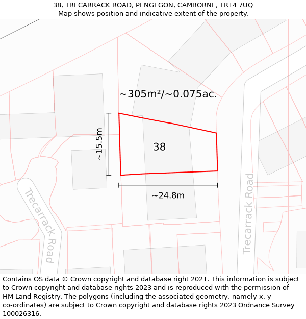 38, TRECARRACK ROAD, PENGEGON, CAMBORNE, TR14 7UQ: Plot and title map