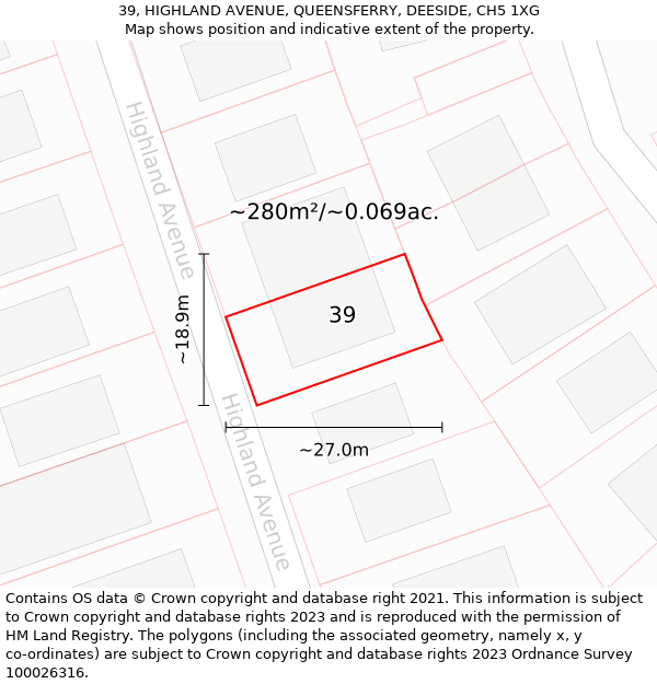 39, HIGHLAND AVENUE, QUEENSFERRY, DEESIDE, CH5 1XG: Plot and title map