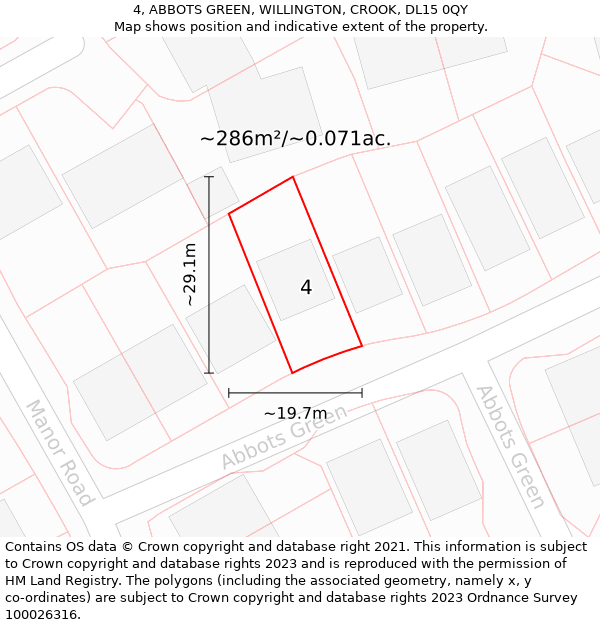 4, ABBOTS GREEN, WILLINGTON, CROOK, DL15 0QY: Plot and title map