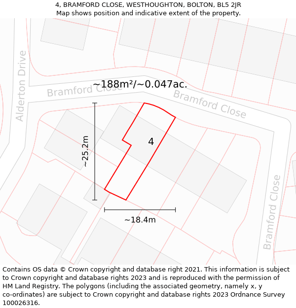 4, BRAMFORD CLOSE, WESTHOUGHTON, BOLTON, BL5 2JR: Plot and title map