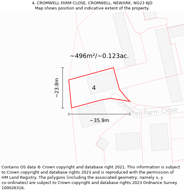 4, CROMWELL FARM CLOSE, CROMWELL, NEWARK, NG23 6JD: Plot and title map