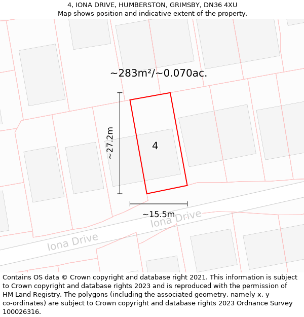 4, IONA DRIVE, HUMBERSTON, GRIMSBY, DN36 4XU: Plot and title map
