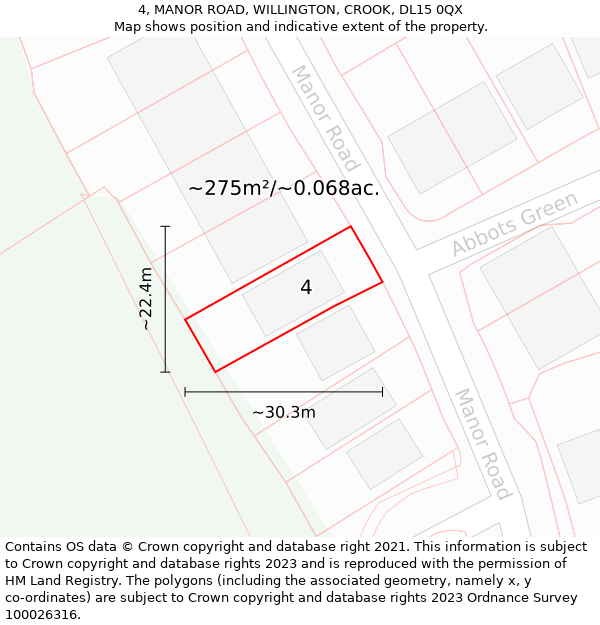 4, MANOR ROAD, WILLINGTON, CROOK, DL15 0QX: Plot and title map