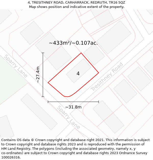 4, TRESITHNEY ROAD, CARHARRACK, REDRUTH, TR16 5QZ: Plot and title map