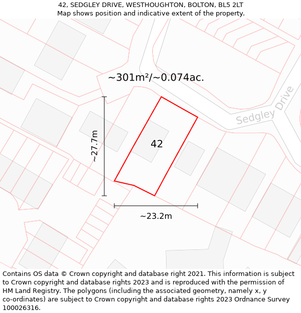 42, SEDGLEY DRIVE, WESTHOUGHTON, BOLTON, BL5 2LT: Plot and title map