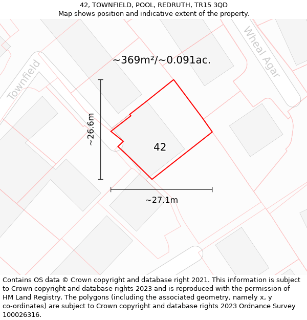 42, TOWNFIELD, POOL, REDRUTH, TR15 3QD: Plot and title map