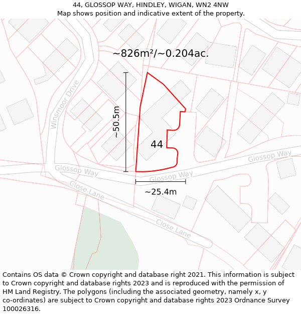 44, GLOSSOP WAY, HINDLEY, WIGAN, WN2 4NW: Plot and title map