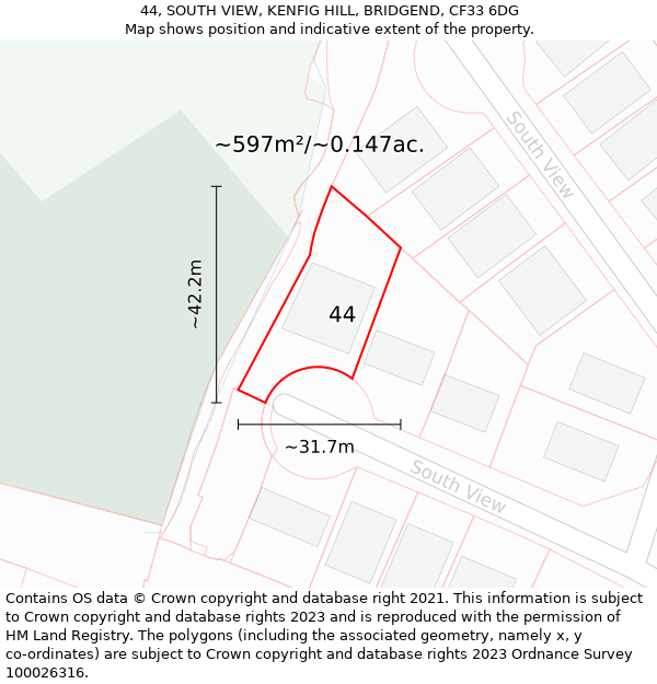 44, SOUTH VIEW, KENFIG HILL, BRIDGEND, CF33 6DG: Plot and title map