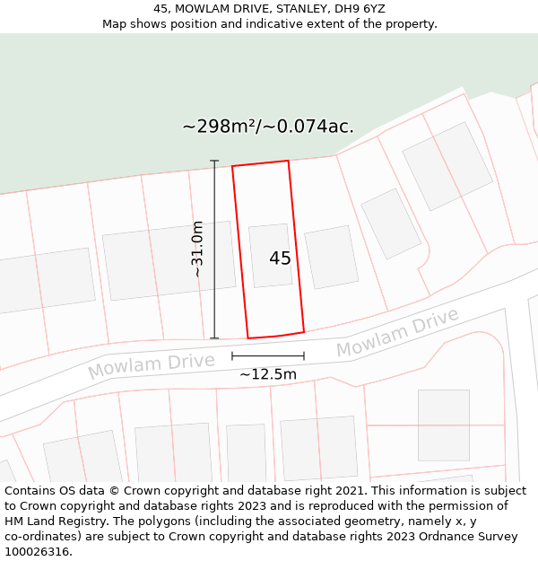 45, MOWLAM DRIVE, STANLEY, DH9 6YZ: Plot and title map