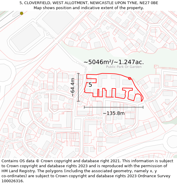 5, CLOVERFIELD, WEST ALLOTMENT, NEWCASTLE UPON TYNE, NE27 0BE: Plot and title map