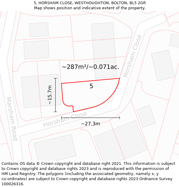 5, HORSHAM CLOSE, WESTHOUGHTON, BOLTON, BL5 2GR: Plot and title map