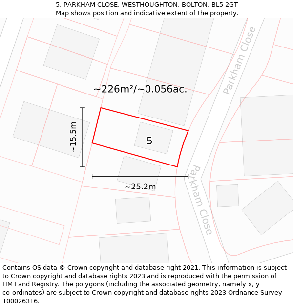 5, PARKHAM CLOSE, WESTHOUGHTON, BOLTON, BL5 2GT: Plot and title map