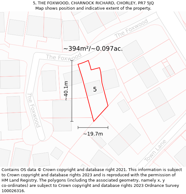 5, THE FOXWOOD, CHARNOCK RICHARD, CHORLEY, PR7 5JQ: Plot and title map