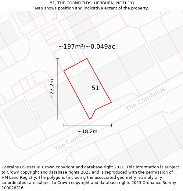 51, THE CORNFIELDS, HEBBURN, NE31 1YJ: Plot and title map