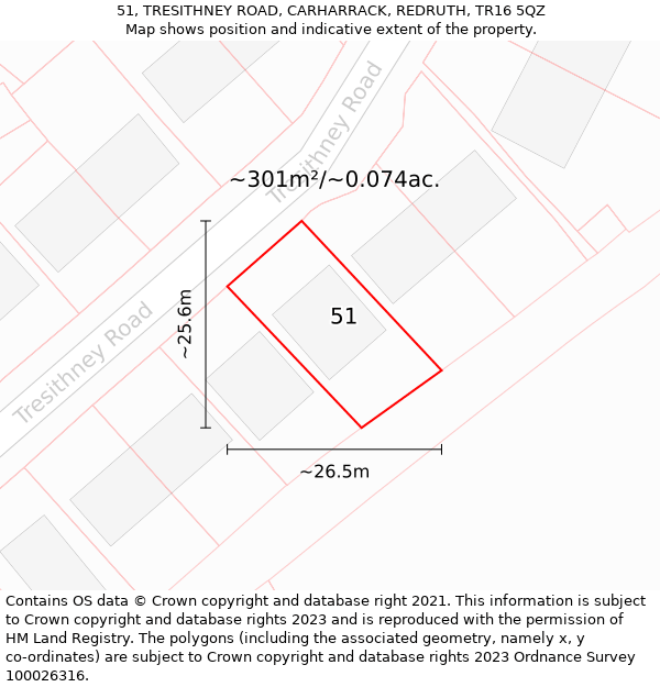 51, TRESITHNEY ROAD, CARHARRACK, REDRUTH, TR16 5QZ: Plot and title map