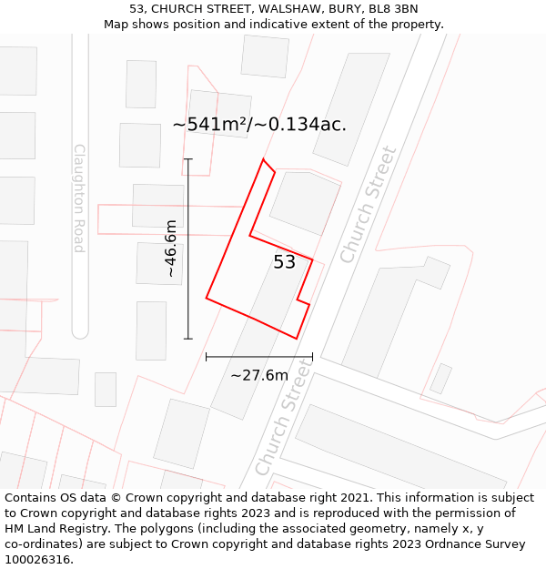 53, CHURCH STREET, WALSHAW, BURY, BL8 3BN: Plot and title map