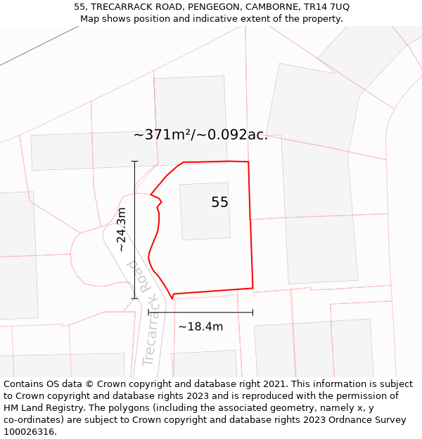 55, TRECARRACK ROAD, PENGEGON, CAMBORNE, TR14 7UQ: Plot and title map