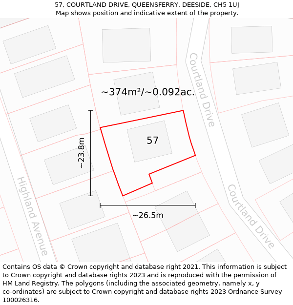 57, COURTLAND DRIVE, QUEENSFERRY, DEESIDE, CH5 1UJ: Plot and title map