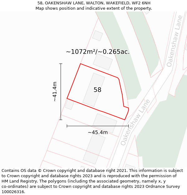 58, OAKENSHAW LANE, WALTON, WAKEFIELD, WF2 6NH: Plot and title map