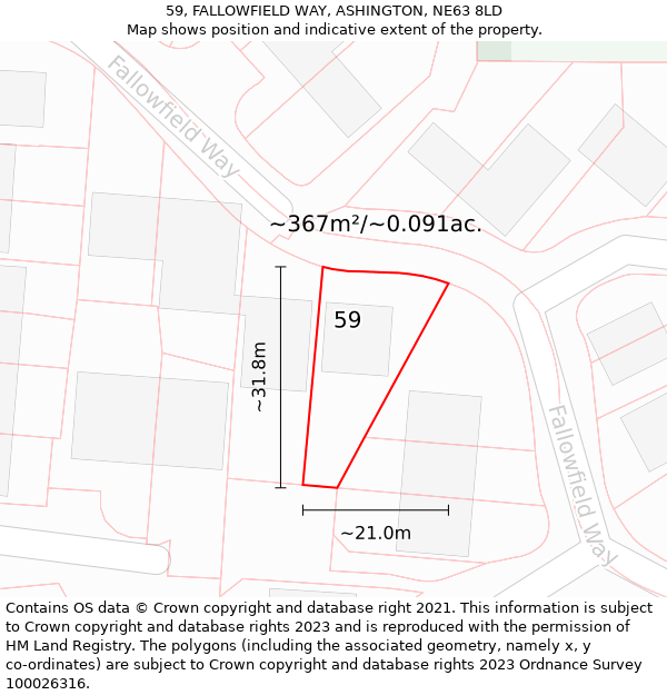 59, FALLOWFIELD WAY, ASHINGTON, NE63 8LD: Plot and title map