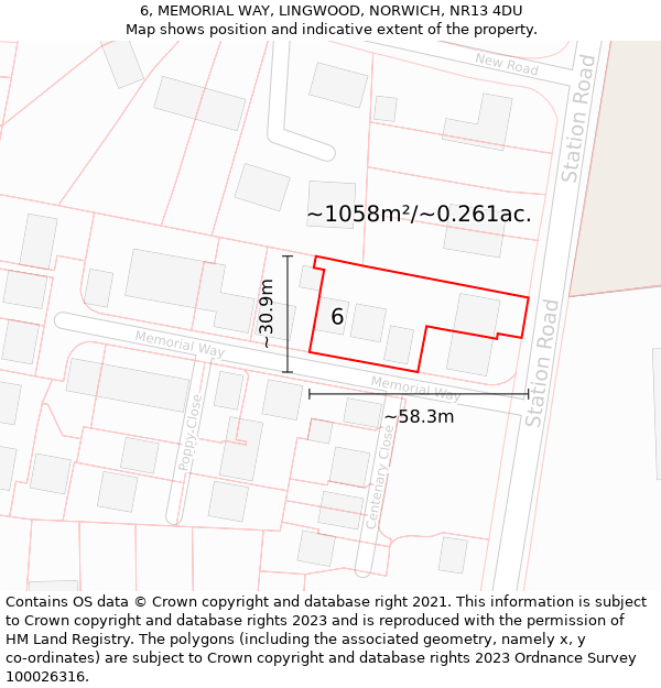 6, MEMORIAL WAY, LINGWOOD, NORWICH, NR13 4DU: Plot and title map