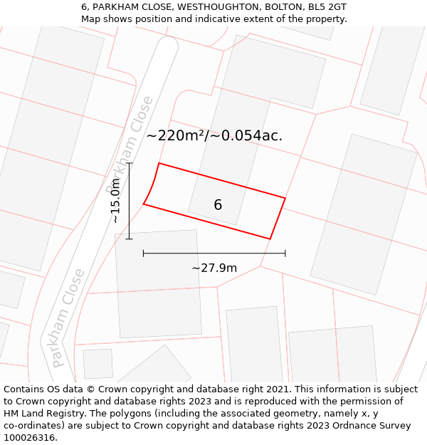 6, PARKHAM CLOSE, WESTHOUGHTON, BOLTON, BL5 2GT: Plot and title map