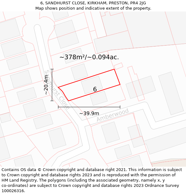 6, SANDHURST CLOSE, KIRKHAM, PRESTON, PR4 2JG: Plot and title map