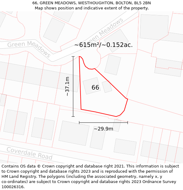 66, GREEN MEADOWS, WESTHOUGHTON, BOLTON, BL5 2BN: Plot and title map