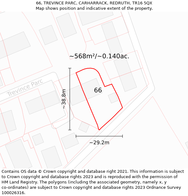 66, TREVINCE PARC, CARHARRACK, REDRUTH, TR16 5QX: Plot and title map