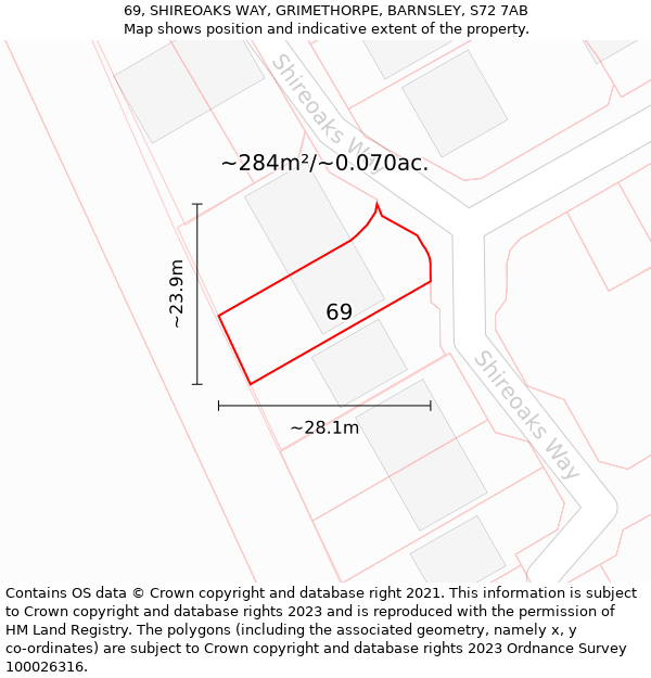 69, SHIREOAKS WAY, GRIMETHORPE, BARNSLEY, S72 7AB: Plot and title map