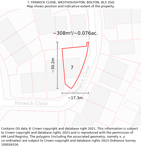7, FENWICK CLOSE, WESTHOUGHTON, BOLTON, BL5 2GQ: Plot and title map