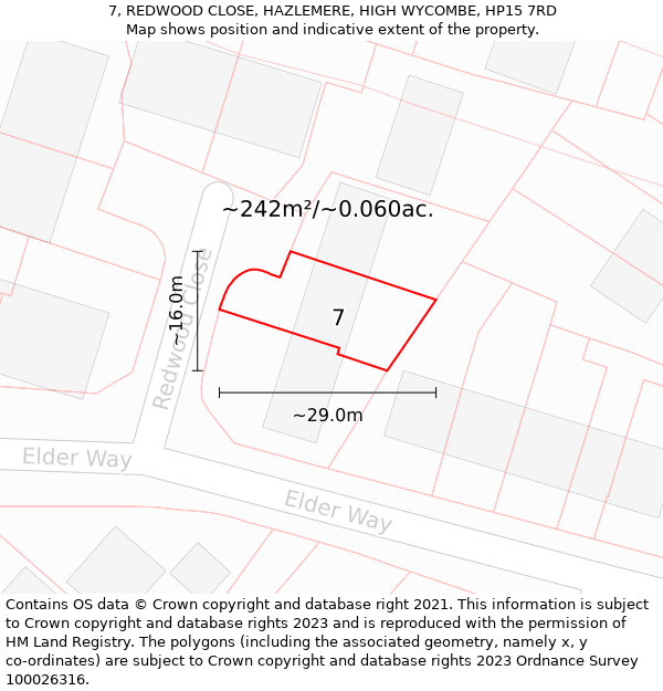 7, REDWOOD CLOSE, HAZLEMERE, HIGH WYCOMBE, HP15 7RD: Plot and title map