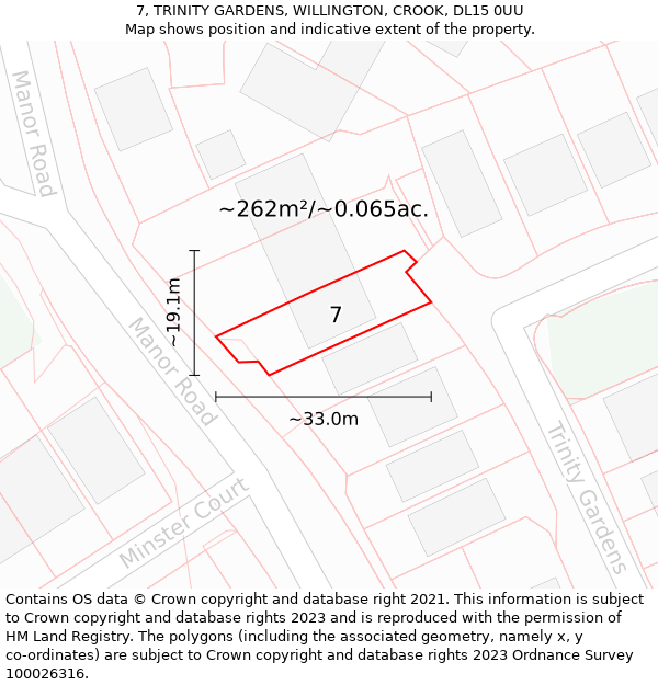 7, TRINITY GARDENS, WILLINGTON, CROOK, DL15 0UU: Plot and title map