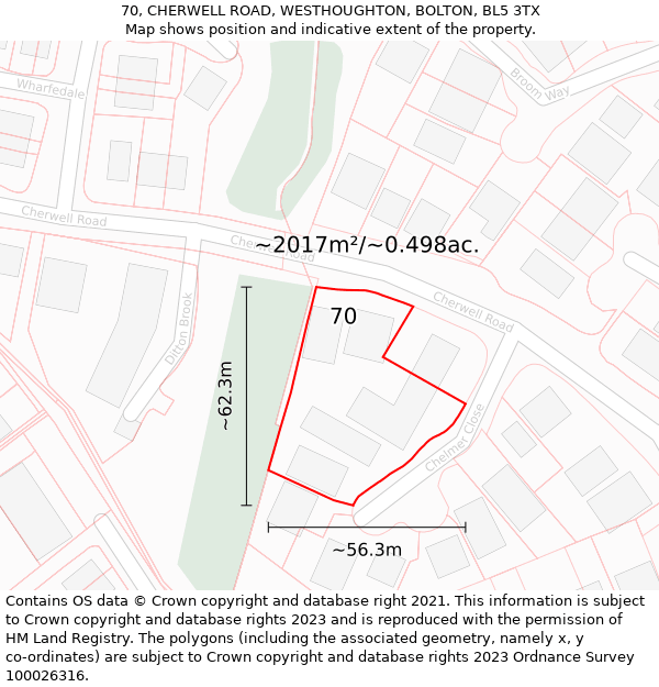 70, CHERWELL ROAD, WESTHOUGHTON, BOLTON, BL5 3TX: Plot and title map