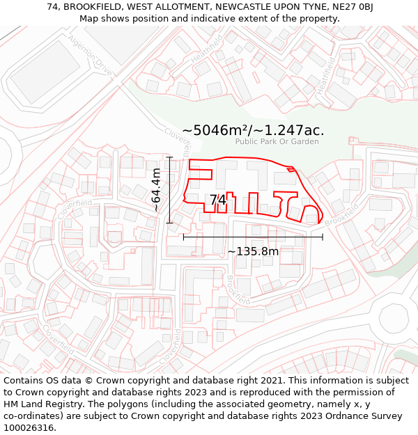 74, BROOKFIELD, WEST ALLOTMENT, NEWCASTLE UPON TYNE, NE27 0BJ: Plot and title map