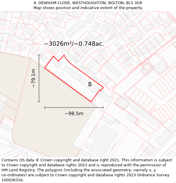 8, DEWHAM CLOSE, WESTHOUGHTON, BOLTON, BL5 3GR: Plot and title map