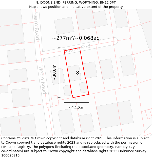 8, DOONE END, FERRING, WORTHING, BN12 5PT: Plot and title map